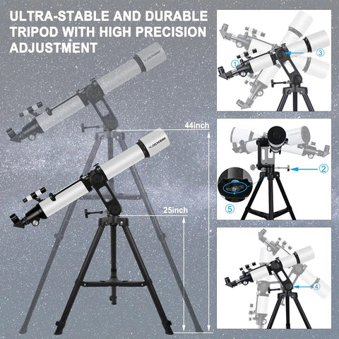 Dope 90mm Refractor Telescope For Adults With 1000mm Focal Length, Ultra Stable AZ Mount, Tripod, And Phone Adapter shown in parts