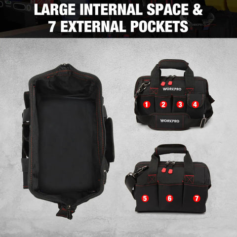 Rugged 12 Inch Close Top Wide Mouth Tool Bag With Double 500D Polyester, Seven Exterior Pockets And A Large Interior Space.