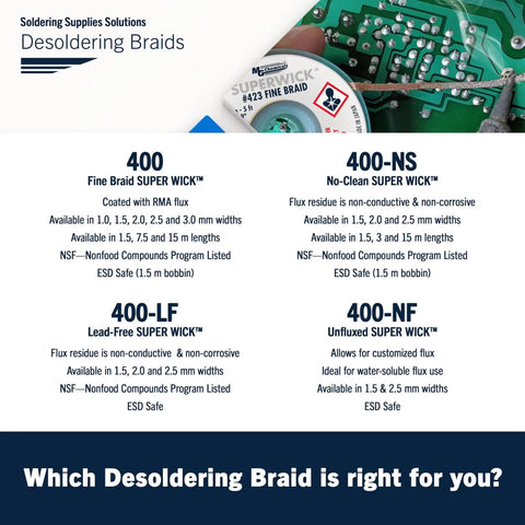 423 Desoldering Braid Fine Solder Wick Super Wick With RMA Flux For Precision Solder Removal, 5 Feet Long, product comparison chart