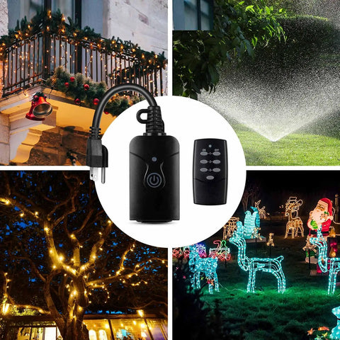 Weatherproof Wireless Plug And Play Remote Control Outlet Kit With 3 Prong Outlets Heavy Duty 15 Amp Compact Remote 6 Inch Cord 100 Foot Range ETL Listed Includes Battery Indoor Outdoor Use