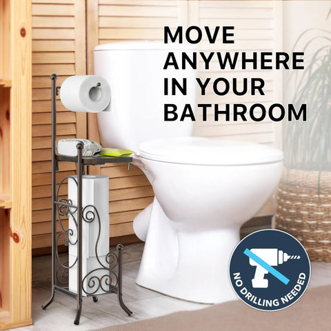 English Style Toilet Paper Stand With Shelf In Bronze Finish Free Standing No Tools Needed Holds Up To 4 Rolls near toilet