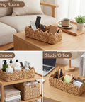 Two Pack Toilet Tank Basket Set With Scalloped Wicker And Three Compartments, hand woven water hyacinth used in various rooms.