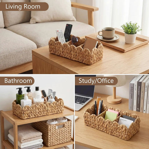 Two Pack Toilet Tank Basket Set With Scalloped Wicker And Three Compartments, hand woven water hyacinth used in various rooms.