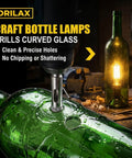 Diamond Drill Bit Set For Glass Tile And Porcelain Five Piece Kit From Three Sixteenths Inch To One Half Inch Pro Grade Smooth Cutting And Reduced Chipping drilling a glass bottle with a lamp in background.
