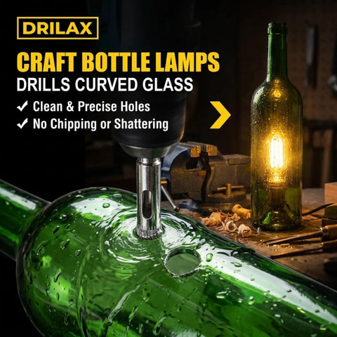 Diamond Drill Bit Set For Glass Tile And Porcelain Five Piece Kit From Three Sixteenths Inch To One Half Inch Pro Grade Smooth Cutting And Reduced Chipping drilling a glass bottle with a lamp in background.