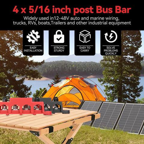 Road Ready 250A DC Power Distribution Bus Bar For Cars And Trucks With Four M8 Studs Ring Terminals, 5/16 inch post, ideal for RVs and boats.