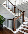 Round Wrought Iron Look Stair Balusters Heavy Duty Interior Exterior Deck Railing Spindles Built Tough For Home Projects 44 Inches Tall Sharp Satin Black Coating 15 Piece Package in stylish staircase design.