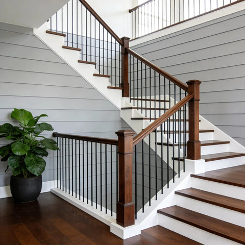 Round Wrought Iron Look Stair Balusters Heavy Duty Interior Exterior Deck Railing Spindles Built Tough For Home Projects 44 Inches Tall Sharp Satin Black Coating 15 Piece Package in stylish staircase design.