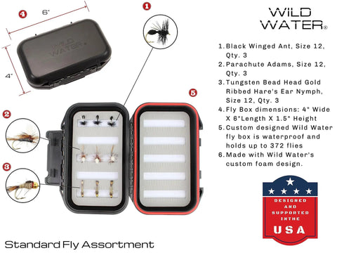 Complete Fly Fishing Starter Kit with waterproof fly box, various fly types, and description of fly assortment details.