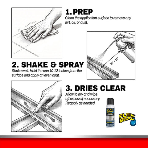 Heavy Duty Flex Seal Silicone Spray Is The Ultimate Gunk Buster For Your Home And Auto depicting application steps for best results.