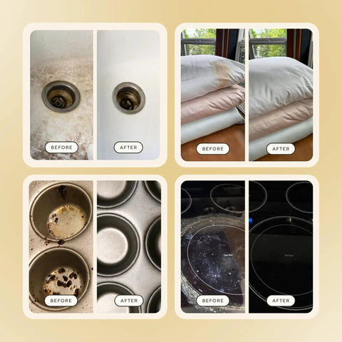 All In One Fragrance Free Home Cleaning Kit With Concentrate 33.8 Fl Oz showing before and after cleaning results on sink, pillows, pans, stove