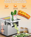 Front view of NEWTRY 4-in-1 stainless steel commercial vegetable processor with feed tube, slicer, and shredder