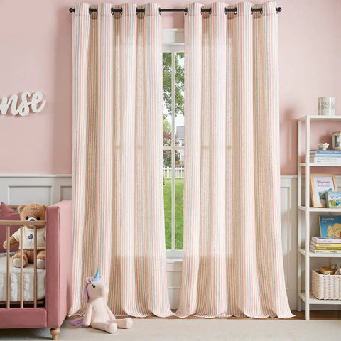 Candy Stripe Linen Curtains For Kids Room Two Panels 96 Inch Length Kid Friendly Grommet Window Treatments Light Filtering