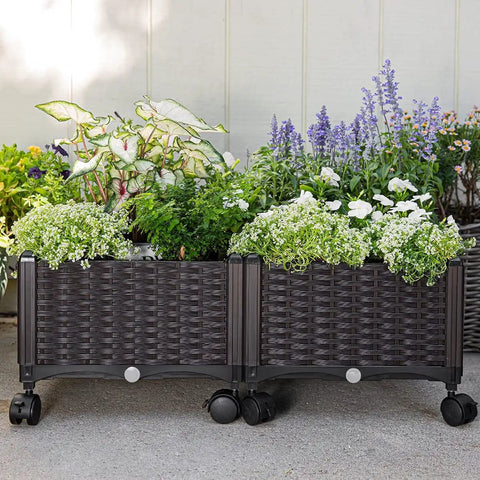Two Piece Rolling Garden Bed Kit With Self Watering Design In Brown Plastic Outdoor Elevated Planter Boxes On Wheels