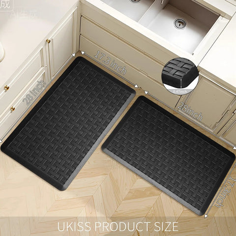 2-Piece Cushioned Anti-Fatigue Kitchen Mats for Floor Waterproof Non-Slip Comfort Standing Rugs Built for Long Kitchen Shifts in Black 17.3x28 Inches Each