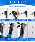 11 Inch Hand Rivet Nut Gun Kit with 5 Mandrels M3 M4 M5 M6 M8 And 80 Rivet Nuts installation steps shown in use