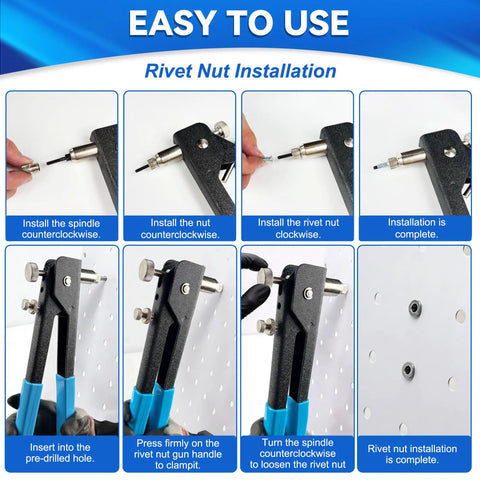 11 Inch Hand Rivet Nut Gun Kit with 5 Mandrels M3 M4 M5 M6 M8 And 80 Rivet Nuts installation steps shown in use