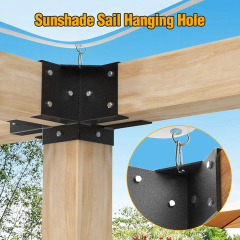 4 Way Pergola Brackets Kit Heavy Duty 4x4 Wood Corner Brackets With Screws, actual size 3.65x3.65 inches, installed on wood beam.