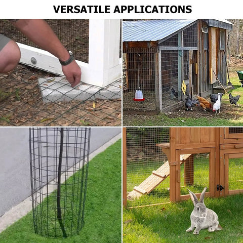 Collage showing uses of 24-Inch By 50-Foot 16 Gauge Hardware Cloth With Black Vinyl Coating in fencing and animal enclosures.