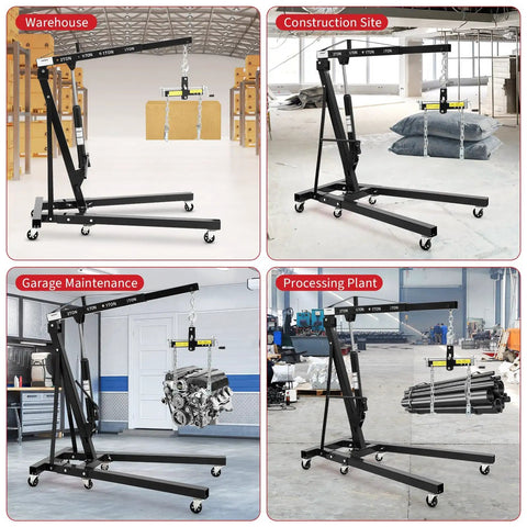 Bad Boy Heavy Duty Folding Hydraulic Engine Hoist And Cherry Picker in various settings lifting heavy loads with ease.