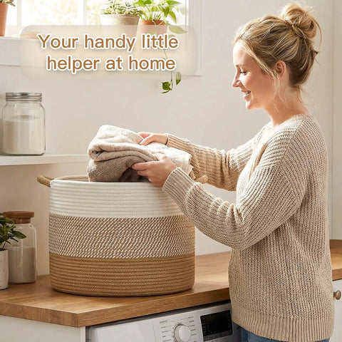 Woman using 70L Cotton Rope Basket For Living Room And Nursery, Boho Woven Toy Box, Kid Safe, Blanket Storage, Laundry Hamper, Brown.
