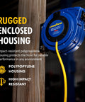 Professional Grade Retractable Air Hose Reel Featuring 3/8 Inch By 50 Foot Hybrid Polymer Tubing With 300 Psi Pressure Capacity and kickass swivel joint mounted on wood.
