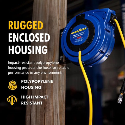 Professional Grade Retractable Air Hose Reel Featuring 3/8 Inch By 50 Foot Hybrid Polymer Tubing With 300 Psi Pressure Capacity and kickass swivel joint mounted on wood.