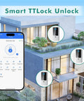 Keyless Smart Lock Deadbolt With Fingerprint And App Control For Home, Rental, And Airbnb, Featuring Passcode, IC Card, NFC, displayed on a modern house with mobile app.