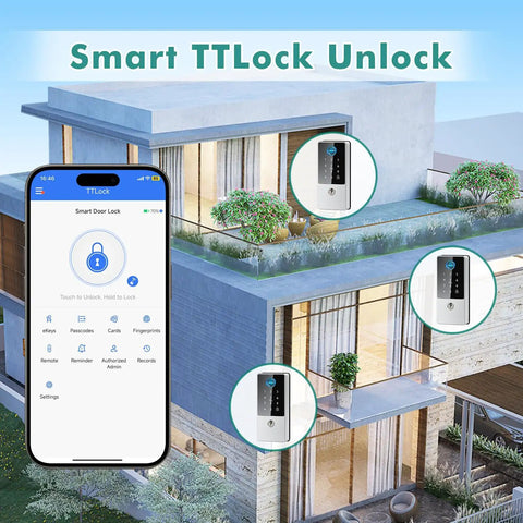 Keyless Smart Lock Deadbolt With Fingerprint And App Control For Home, Rental, And Airbnb, Featuring Passcode, IC Card, NFC, displayed on a modern house with mobile app.