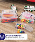 Straight Up Clear Out Your Mess With These Crystal Clear Stackable Plastic Storage Bins And Secure Latching Lids BPA Free Home Office Dorm Closet Organizer Containers 22 Quart Capacity 12 Pack Bulk Shipped Ready with colorful contents.