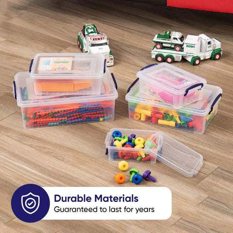 Straight Up Clear Out Your Mess With These Crystal Clear Stackable Plastic Storage Bins And Secure Latching Lids BPA Free Home Office Dorm Closet Organizer Containers 22 Quart Capacity 12 Pack Bulk Shipped Ready with colorful contents.