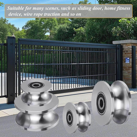 Stainless Steel U Groove Gate Roller Kit For Barn Doors Beefed Up Heavy Duty Cable Pulley Block With Bearing Quiet Smooth Sliding 4.8 cm Wheel U Shaped Rail Wheel Plate Caster For Gate Track System in front of a metal gate