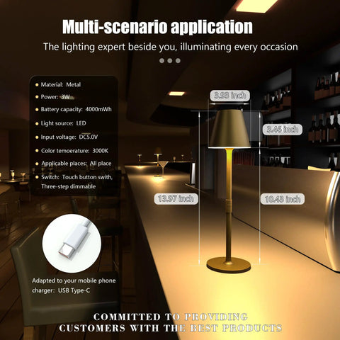 Cordless 2 Pack Desk Lamps With 5000mAh Rechargeable Battery And 3 Level Dimmable LED Night Light For Bedroom, Dining, And Restaurant Metal Bronze Finish No Cord Needed Portable Table Lamps shown in a dimly lit dining setting with measurements