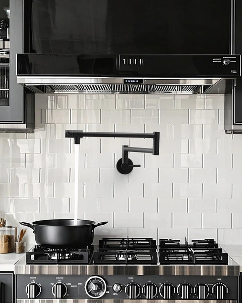 Matte Black Pot Filler Faucet Wall Mount Pro Grade Brass Construction Folding Stretchable Swing Arm Double Joint Single Hole Two Handles For Kitchen And Restaurant Use over stove