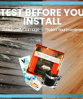 Calcium Chloride Moisture Test Kit For Concrete Slabs Pro Grade Moisture Vapor Emission Testing That Meets ASTM F1869 Standards No Expiration Date Keeps Floors From Adhesive Failures Warping Or Mold For Flooring And Coatings Single Unit package with test components on wet concrete and dry wood floors