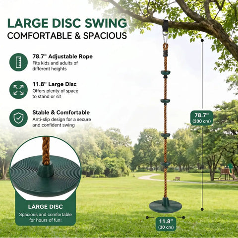 Outdoor Climbing Rope With Platform And Disc Swing Seat Set for trees and backyards shown attached to a tree in a park setting.