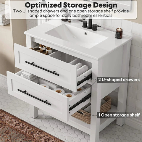 Top Notch 30 Inch Bathroom Vanity With Integrated Sink And Two Roomy Drawers Plus Handy Open Shelf showing two U-shaped drawers.