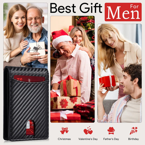 Ultra Slim RFID Blocking Wallet For Men With 12 Card Capacity shown as gift in Christmas-themed setting with couples.