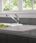 Single Handle Kitchen Sink Faucet In Chrome With Smooth 360 Degree Swivel Spout And Low Arc Profile For Easy Peasy Installation On Standard Three Hole Countertops, featuring apples in a bowl.