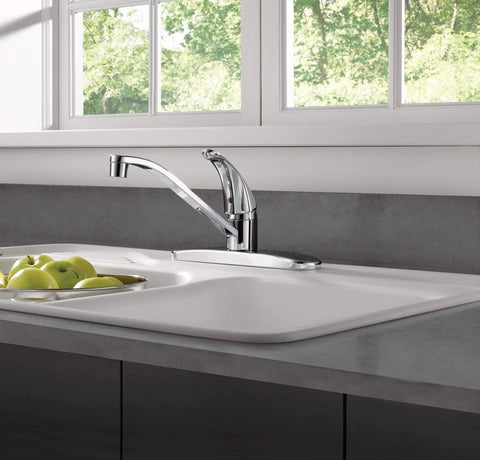 Single Handle Kitchen Sink Faucet In Chrome With Smooth 360 Degree Swivel Spout And Low Arc Profile For Easy Peasy Installation On Standard Three Hole Countertops, featuring apples in a bowl.