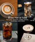 Various coffee drinks including latte art, iced coffee, and cocktails, showcasing brew hot or iced options