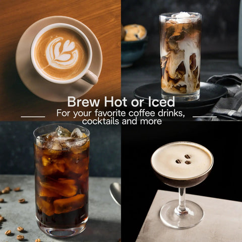 Various coffee drinks including latte art, iced coffee, and cocktails, showcasing brew hot or iced options