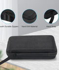 Go To Large Hard Travel Tech Organizer Case with smooth durable zippers, EVA material, and hand strap on a table.