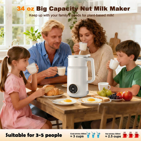 Family enjoying breakfast with 10 In 1 Plant Based Milk Maker All In One Kitchen Boss With 34 Oz Capacity 304 Stainless Steel With 12 Blades.