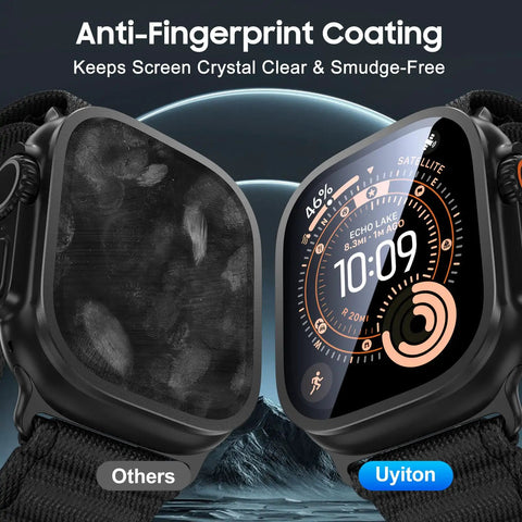 Apple Watch Ultra 49mm Screen Protector With Titanium Alloy Frame And 9H Tempered Glass For Ultra 3 2 1 Military Grade Protection Touch Sensitive Black 2 Pack Snug Fit Tough Shield anti-fingerprint coating.