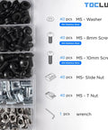 Ultimate M5 T Nut And Black Screw Kit for 6mm T Slot Aluminum Extrusion with 201 pieces including T-nuts, screws, washers, and wrench