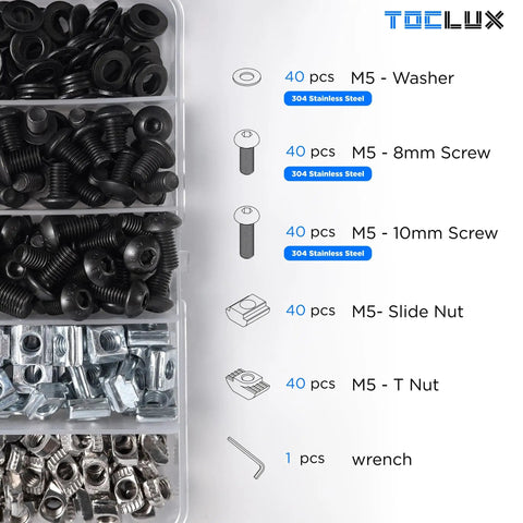 Ultimate M5 T Nut And Black Screw Kit for 6mm T Slot Aluminum Extrusion with 201 pieces including T-nuts, screws, washers, and wrench