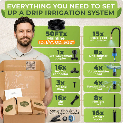 Flexible Drip Irrigation Kit For Gardens 50 Foot Run With 16 Adjustable Nozzles That Aim Water Precisely