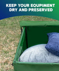 76 Gallon Waterproof Outdoor Deck Box With Tough Tarpaulin Cover For All Weather Storage, open with cushions inside, on grass