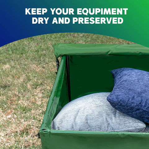 76 Gallon Waterproof Outdoor Deck Box With Tough Tarpaulin Cover For All Weather Storage, open with cushions inside, on grass